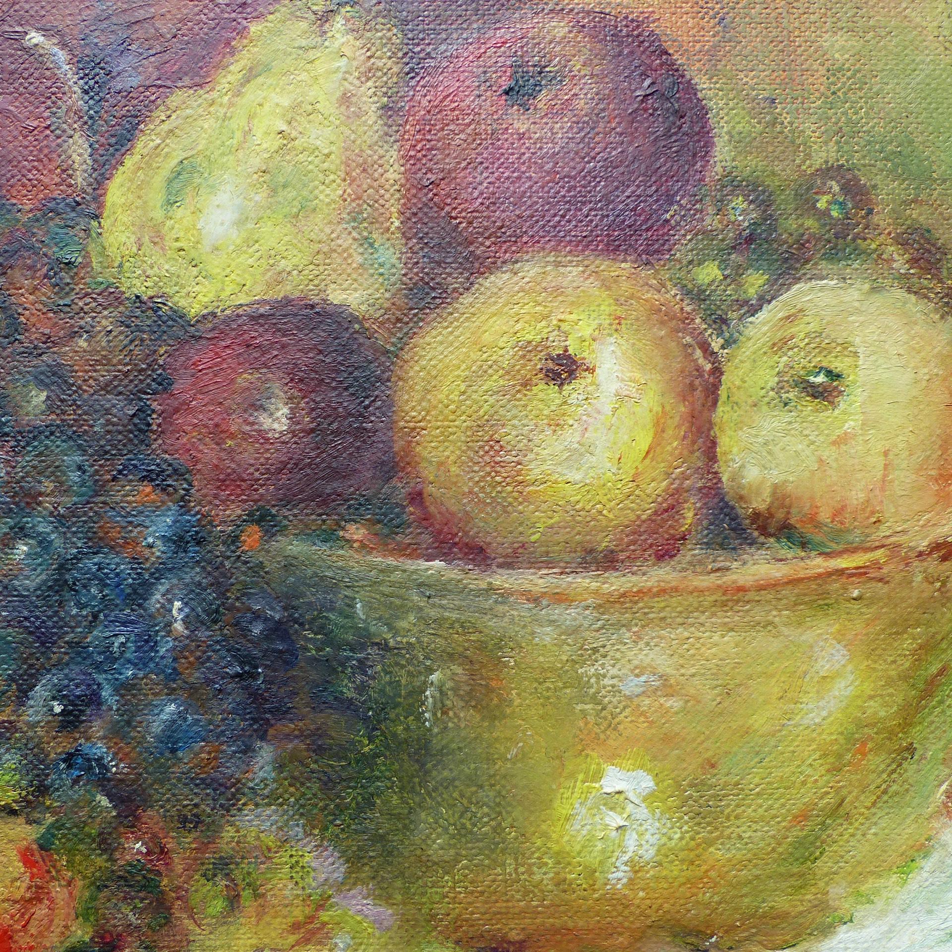 キャンバスに描かれたフランスのヴィンテージ油絵 - フルーツの