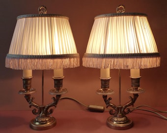 Pair of French  Bronze  Lamps Bouillotte signed Lucien Gau -  Empire Table Lamps 2 Bulbs