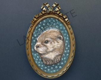 Otter Cub  -  Original  Framed Miniature Portrait- Antique 1920s Gilt Wooden Ribbon Frame -  Original OOAK Painting - L1