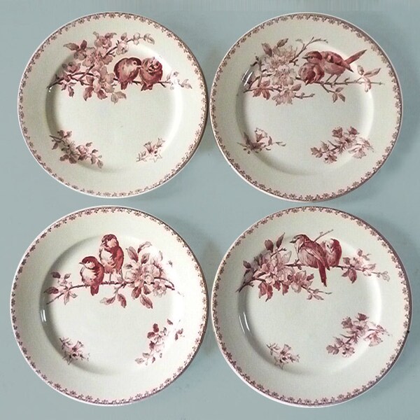 Faience Red Transferware Dinner Plates made by Sarreguemines - France ,  pattern " Favori "