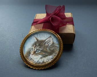 Original Watercolor Miniature Painting in a Vintage Solid Brass Brooch    - OOAK Jewelry - Maine Coon Cat Art  -   L1