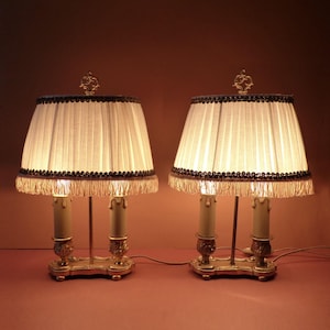 Pair of French  Bronze  Lamps Bouillotte signed Lucien Gau -  Empire Table Lamps 2 Bulbs