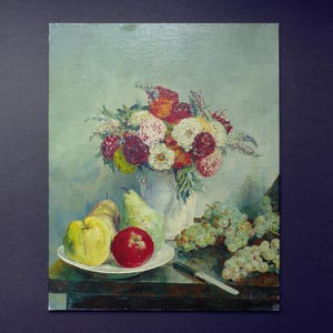 Vintage Frans olieverfschilderij - Stilleven met fruit en bloemen op canvasbord - 41 x 33 cm / 16,1 x 13 inch