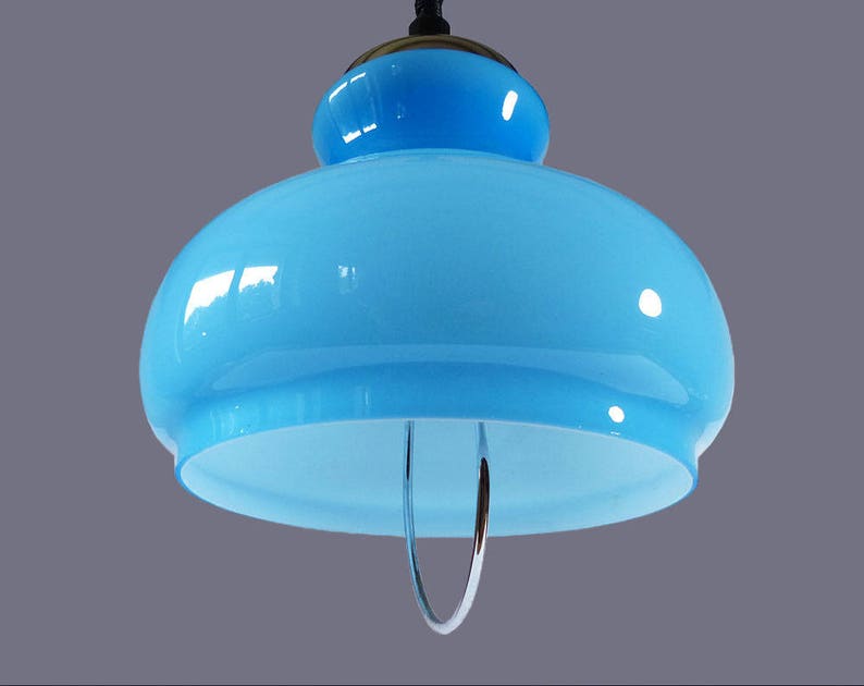 French Vintage Blue Rise And Fall Glass Opaline Ceiling Light Shade Typical From 1970s