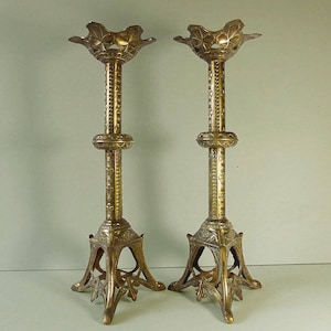 French Antique Gilt Bronze Church Candelabras -  Pair of Large Ornate Candle Holder -  1900s