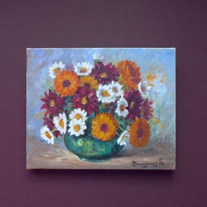 Vintage französisches Ölgemälde auf Leinwand - Blumen Stillleben