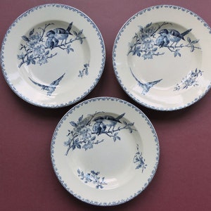 Second Choice  20 % off   - Set of 3 Bowls - Soup Plates - Faience Blue Transferware  made by Sarreguemines - France , pattern &quot; Favori &quot;
