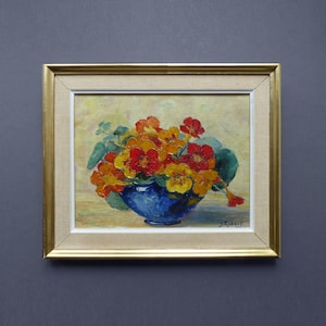 Vintage French Framed Oil Painting on Board 1950s&#39; -  Nasturtium Flowers Still Life