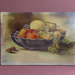 Vintage Frans olieverfschilderij op doek - Stilleven met fruit - 42 x 29 cm / 16,5 x 11,4 inch