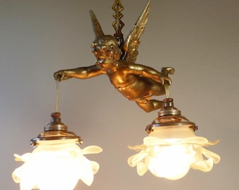 French Flying Cherub - Gilt Spelter and Solid Bronze Cherub Antique Chandelier with 2 Glass Paste Roses - Typical from Paris Apartment