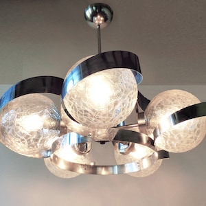 French Vintage 70s Chrome Aluminium and Glass Globe  - Midcentury  Atomic Chandelier -  Sputnik Lamp -  Space Age Ceiling Lamp Light Fixture