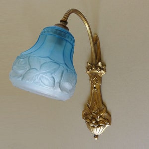 I French Art Deco Wall Sconce, Wall Light with Blue Molded Glass Paste  Shade 1920s