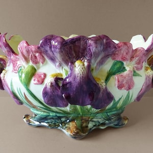 Delphin Massier (1836-1907) Majolica - Vallauris - Jardinera grande - Jardinière - Barbotine Art Nouveau francés antiguo de 1890 Iris Decor