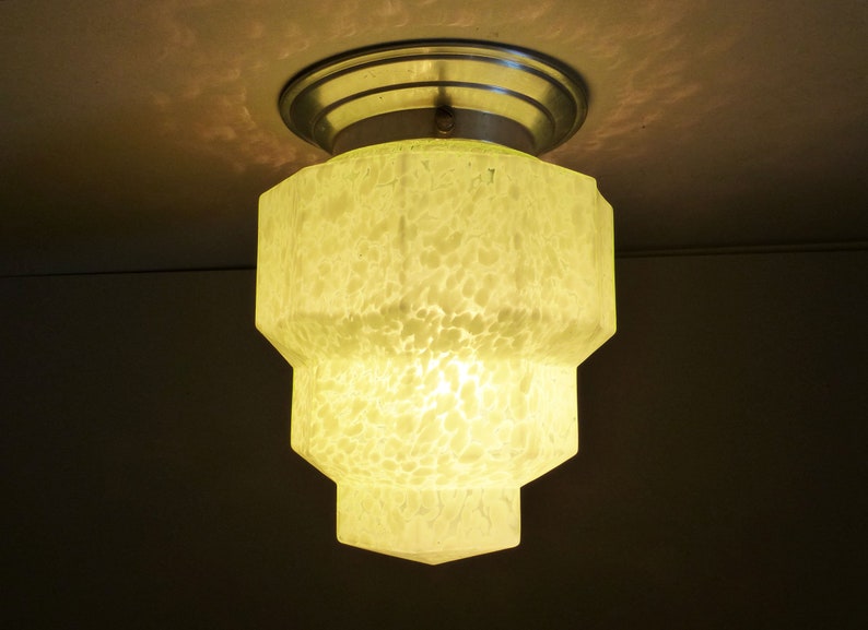 French Vintage Green Clichy Glass Globe Ceiling Fixture Lamp Glass Shade Skyscraper