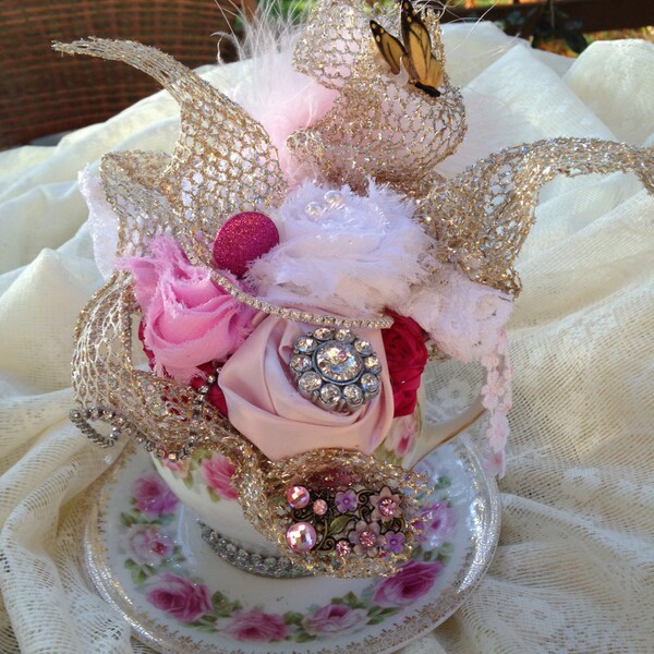 Teapot Arrangement With Satin Roses, Jewels, Feathers, Messed Wire Ribbon And Rhinestones