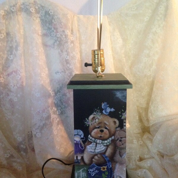 Table Lamp Little Girls Whimsical Or Nursery  Hand Painted With Bears And  Bird Houses, Dolls