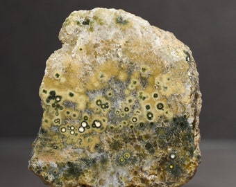 May include: A rough-cut stone with a layered appearance. The top section is a light beige color, transitioning to a band of yellow and green with circular patterns. The bottom section is a darker green. The stone is displayed against a gray background.