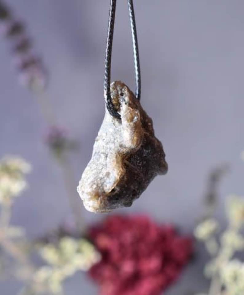 Puede incluir: Un colgante de piedra gris oscuro y marr&oacute;n en un collar de cord&oacute;n negro. La piedra tiene una forma irregular y rugosa y una superficie texturizada.