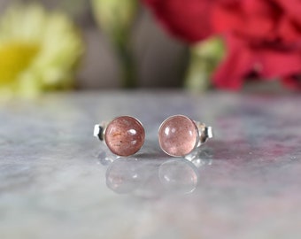 Strawberry Quartz Earrings , Strawberry Quartz round cabochon earrings ,Strawberry Quartz sterling post earrings