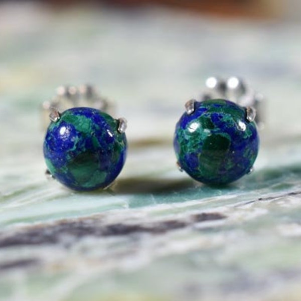 Azurite Malachite Cabochon Post earrings Azurite Malachite Cabochon Prong earrings set in solid sterling silver