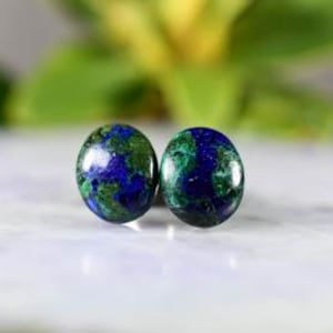 Azurite Malachite Bead Post earrings set in solid sterling silver