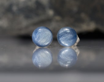 Kyanite Stud Earrings, Sterling Silver, 6mm Kyanite Cabochon