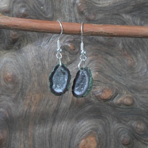 May include: A pair of silver drop earrings with geode slices. The earrings have a dark green and brown outer edge, framing a sparkling, crystal-filled centre. The earrings are suspended from a silver hook.