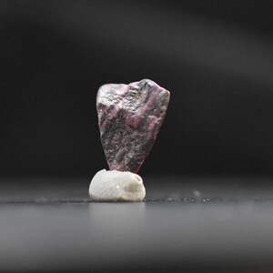 May include: A rough, dark red and gray gemstone, possibly a ruby, is balanced atop a small, white, textured stone. The gemstone has a triangular shape with visible crystalline structures. The background is a dark gray, creating a contrast that highlights the gem.