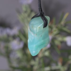 Peut inclure: Pendentif en pierre pr&eacute;cieuse bleu-vert clair poli, suspendu &agrave; un cordon noir. La pierre, de forme irr&eacute;guli&egrave;re, est translucide. L'arri&egrave;re-plan flou laisse entrevoir un feuillage vert.