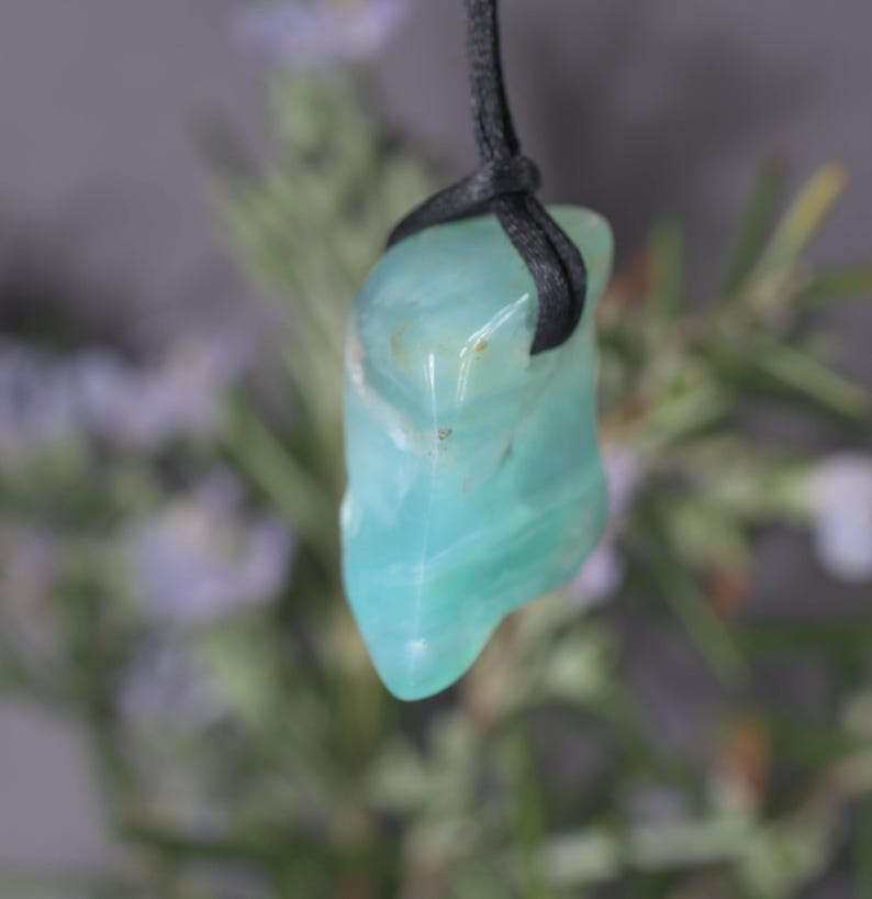 Peut inclure: Pendentif en pierre pr&eacute;cieuse bleu-vert clair poli, suspendu &agrave; un cordon noir. La pierre, de forme irr&eacute;guli&egrave;re, est translucide. L'arri&egrave;re-plan flou laisse entrevoir un feuillage vert.