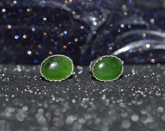 Pair Jade Sterling Silver post Earrings with Jade cabochon, 6 x 8 mm oval bezel set jade post earrings , Jade stud earrings Lightweight