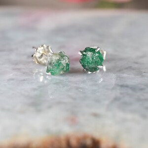 Emerald crystal prong stud  Earrings with  Sterling silver post prong uncut emerald gemstone  Earrings emerald Silver stud earrings