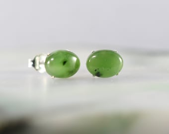 Jade Sterling Silver post Earrings with Jade cabochon, 6 x 8 mm oval jade post earrings , Jade stud earrings Lightweight