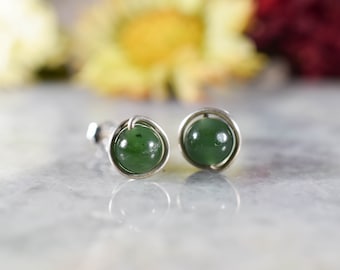 Jade Sterling Silver post Earrings with Jade bead 6mm jade post earrings , Pair Jade stud earrings Lightweight