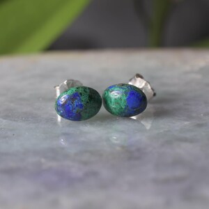 Azurite Malachite Cabochon Post earrings set in solid sterling silver