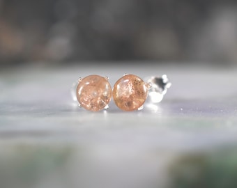 Oregon Sunstone Stud Earrings, Natural Gemstone, Silver Post (6mm)