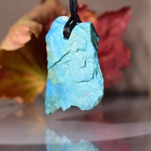 Może przedstawiać: Turkusowy wisiorek z kamienia o nieregularnym kształcie, zawieszony na czarnym sznurku. Kamień ma szorstką, teksturowaną powierzchnię z widocznymi pęknięciami. Tło przedstawia rozmyte liście jesienne.