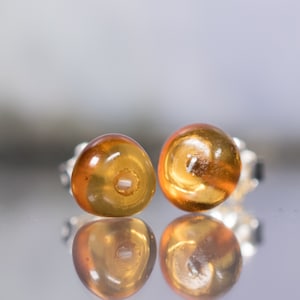 Pair Amber Sterling Silver post Earrings with Baltic amber bead, 5 mm bead ,Amber stud earrings Lightweight