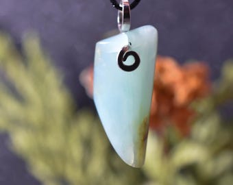 May include: A light blue gemstone pendant with a silver-colored bail, suspended from a black cord. The pendant has a rounded shape with a dark brown area on the bottom. The background is blurred, with green and orange foliage.