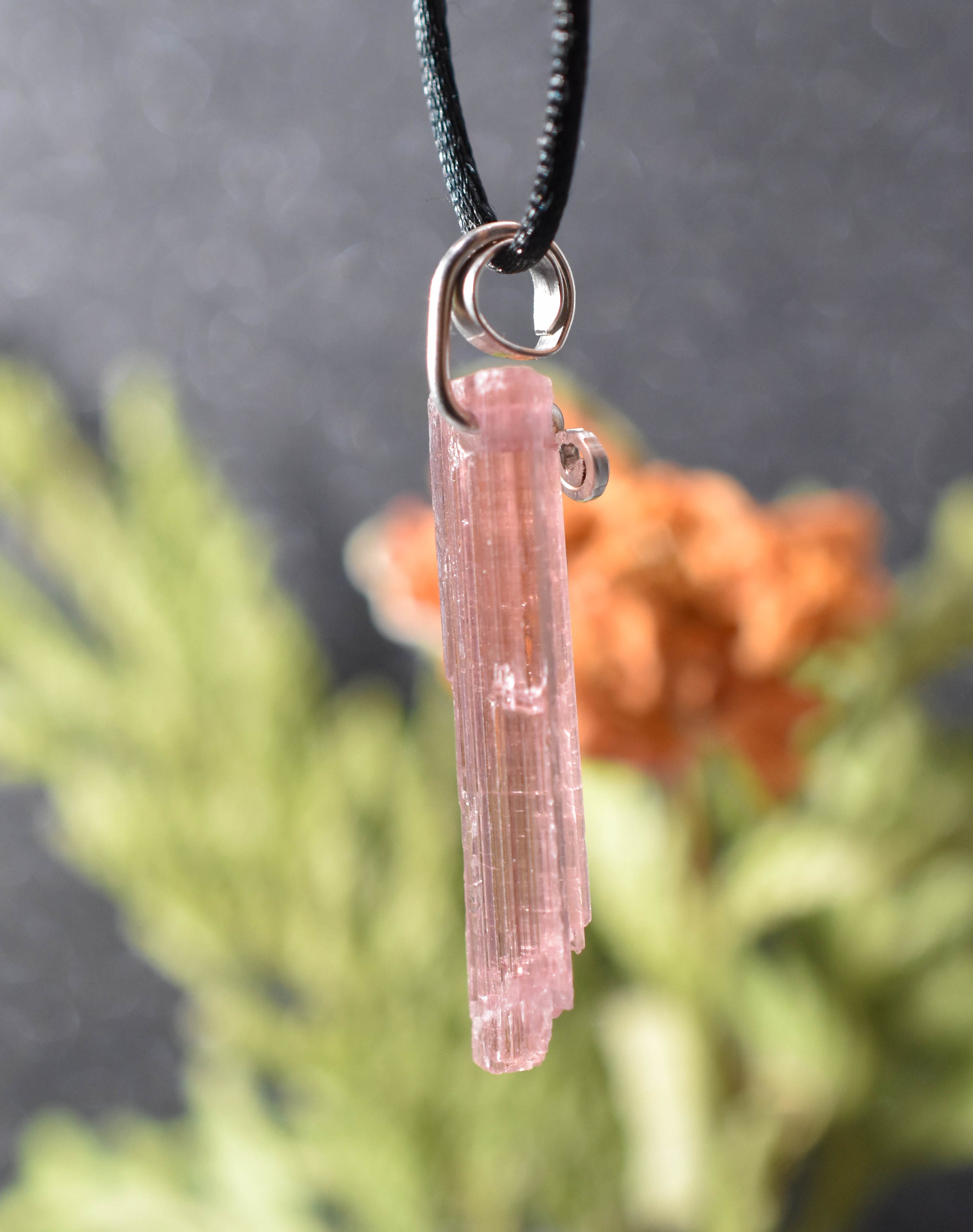 ピンクトルマリン天然水晶ペンダント スターリングシルバーワイヤー