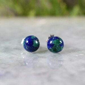 Azurite Malachite Bead Post earrings set in solid sterling silver