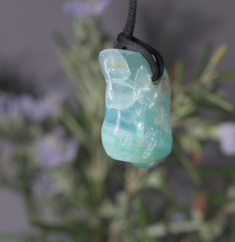 Peut inclure: Un pendentif translucide bleu clair avec un cordon noir. La pierre a un aspect lisse et poli avec des veines blanches et vert clair. Le pendentif est suspendu sur un fond flou de feuillage vert et de fleurs violettes.