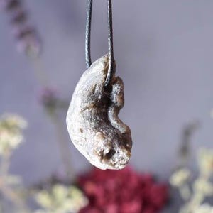 Puede incluir: Un colgante de piedra gris con una forma org&aacute;nica rugosa que cuelga de un cord&oacute;n negro. El colgante tiene un dise&ntilde;o &uacute;nico, asim&eacute;trico y una superficie texturizada.