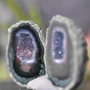 Peut inclure: Deux géodes d'agate polies, chacune avec un intérieur cristallin unique. Les géodes ont un bord extérieur bleu foncé et noir, avec un centre étincelant et lumineux. Les géodes sont exposées côte à côte.