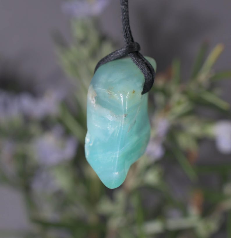 Peut inclure: Pendentif en pierre pr&eacute;cieuse bleu-vert clair, poli. Il est suspendu &agrave; un cordon noir. La pierre a une forme arrondie avec des veines blanches. L'arri&egrave;re-plan est flou, avec des touches de vert et de violet.