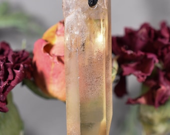 May include: A clear, light yellow crystal pendant with a pointed tip, hanging from a black cord. The crystal has a slightly cloudy appearance and is set against a background of dried flowers.