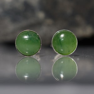 Pair Jade Sterling Silver post Earrings with Jade  cabochon, 8 mm , Jade stud earrings Lightweight
