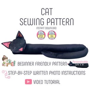 以下が含まれることがあります： 黒猫の縫製パターンで、ステップバイステップの説明とビデオチュートリアルが付いています。パターンはPDFとA4サイズで入手できます。パターンは初心者向けで、パーソナライズ可能なオプションが含まれています。
