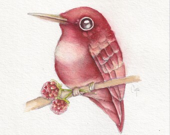 Raspberry HummingBee * from the Virtual Bird Tour 2020 * 5"x7" Print of Original Watercolor Painting by Cori Derfus