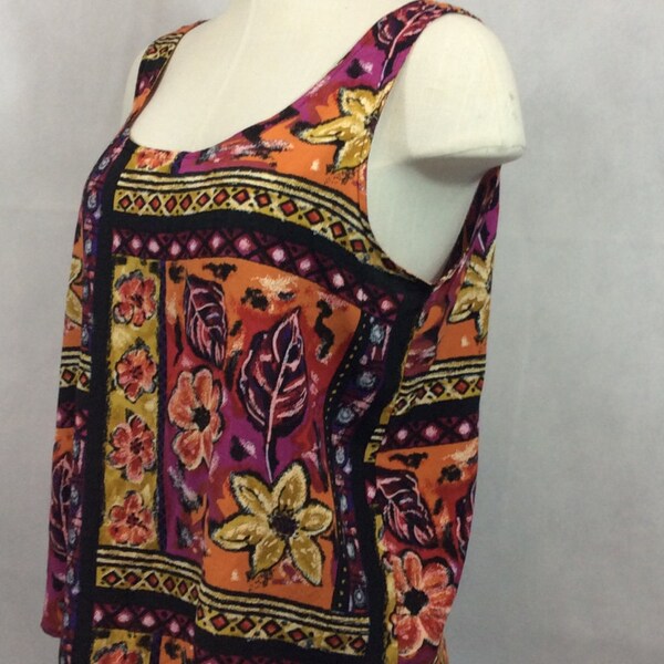 Vintage Ultimate Shell, Tank Top, Sleeveless Blouse. Tribal Print, Floral Print. Summer, Spring.